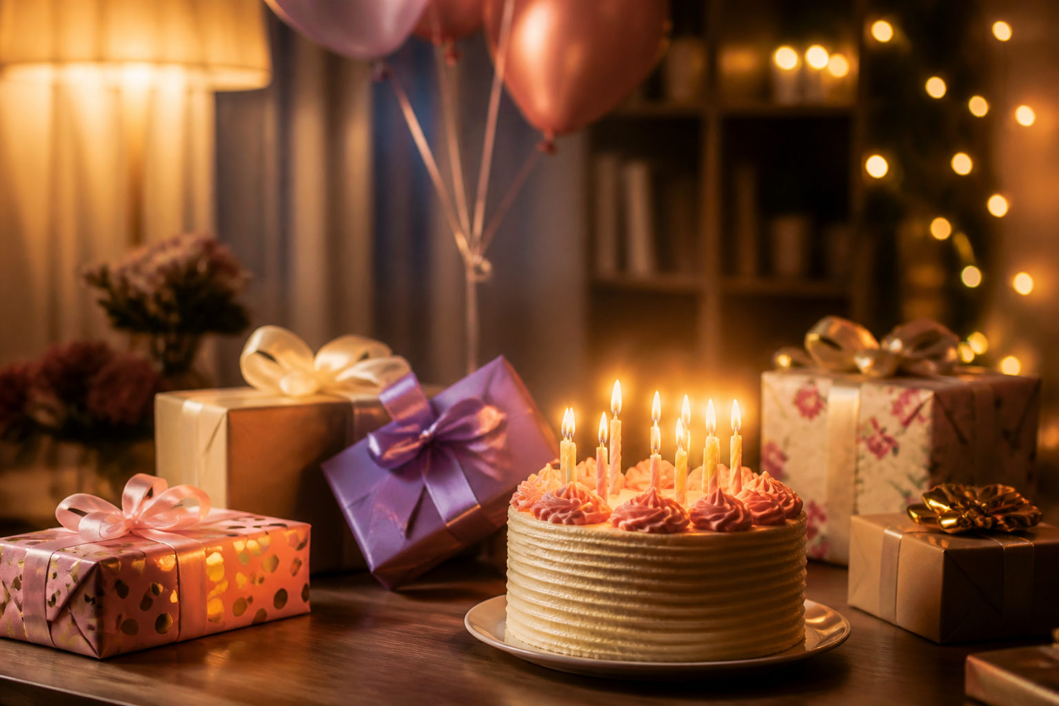 Birthday table with cake and personal gifts