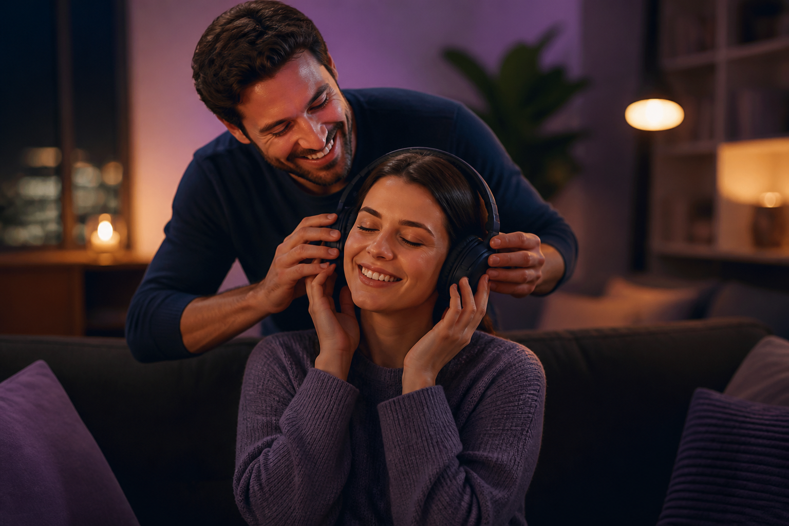 Couple sharing a custom song gift with headphones