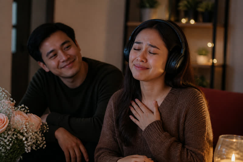 Wife listening to a surprise custom anniversary song with headphones