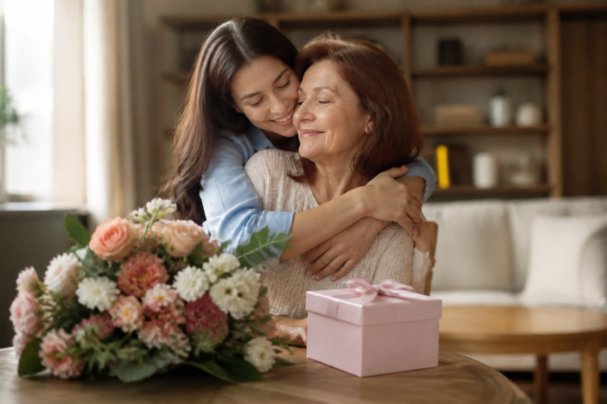 Family sharing a personal gift with mom
