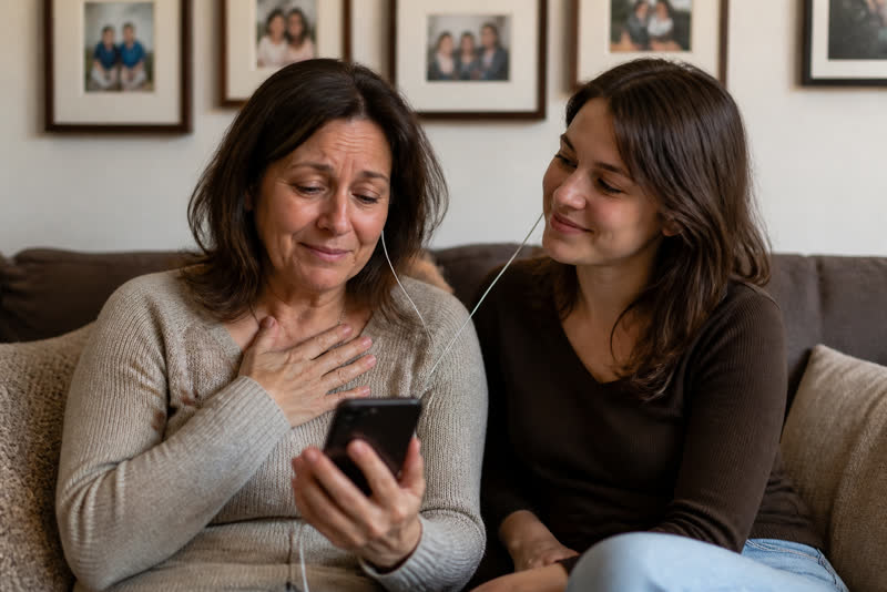 Mother listening to a personalized song on her phone with her child nearby