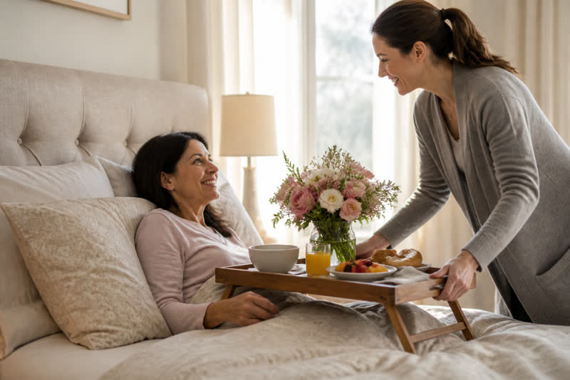 Breakfast in bed served to Mom as a planned day of care
