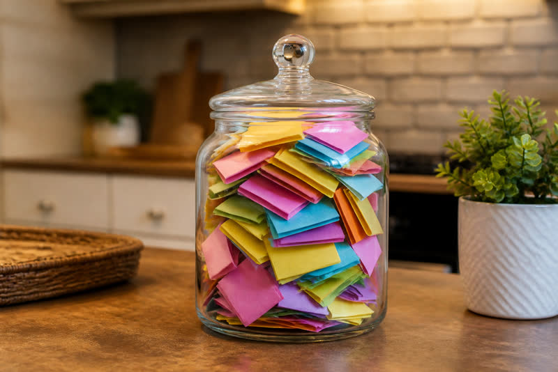 Memory jar filled with notes for Mom to open next year