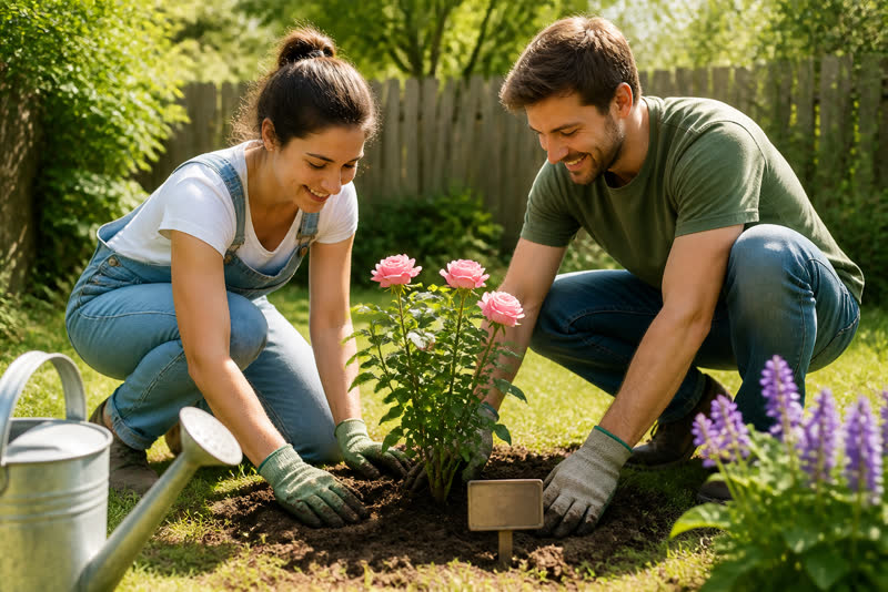Couple planting a tree together as a lasting anniversary gift