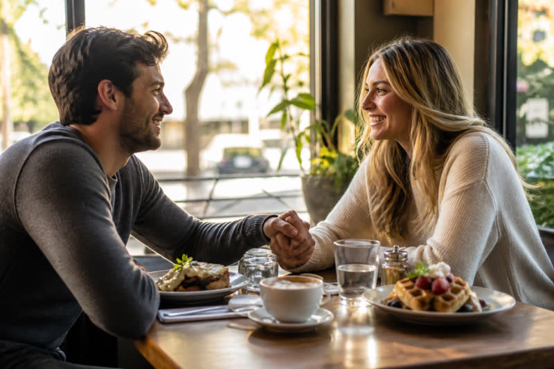 Couple starting an annual anniversary brunch tradition at their favorite cafe